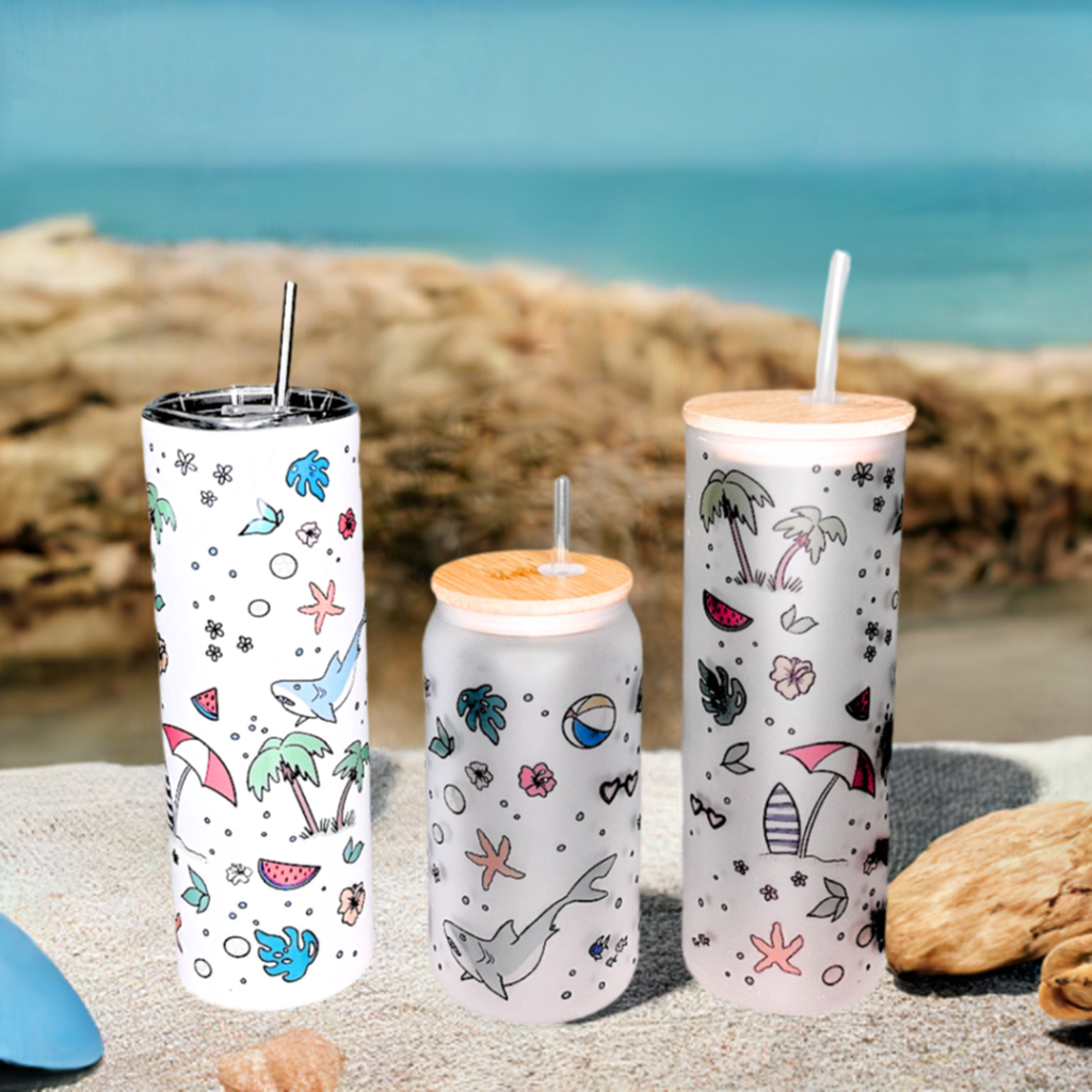 Custom Summer Season Drinkware; 20 oz, 16 oz Frosted glass or 20 oz stainless Steel Insulated Coffee Tumbler for daily use or Gift.