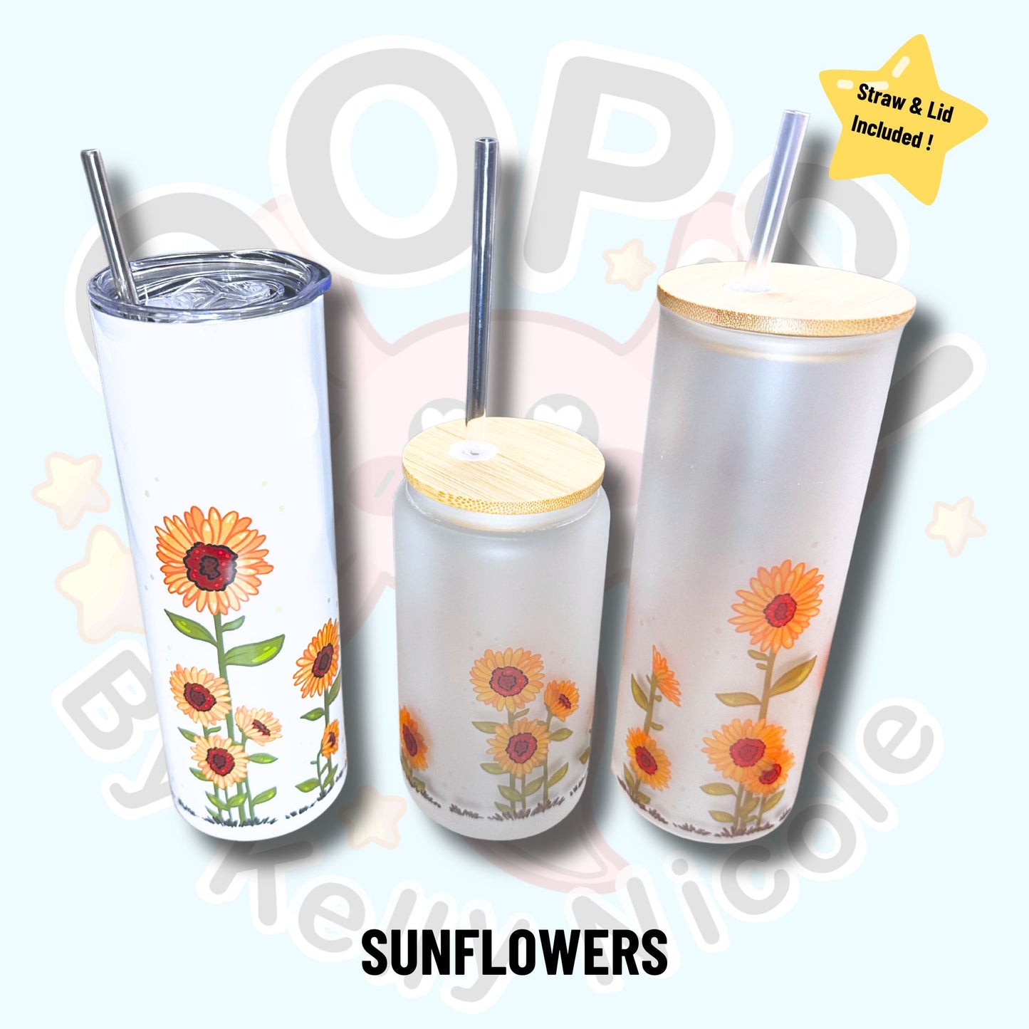 Summer Sunflowers Custom Tumbler.  20 oz, 16 oz Frosted glass or stainless Steel Insulated Coffee Tumbler for daily use or Gift.