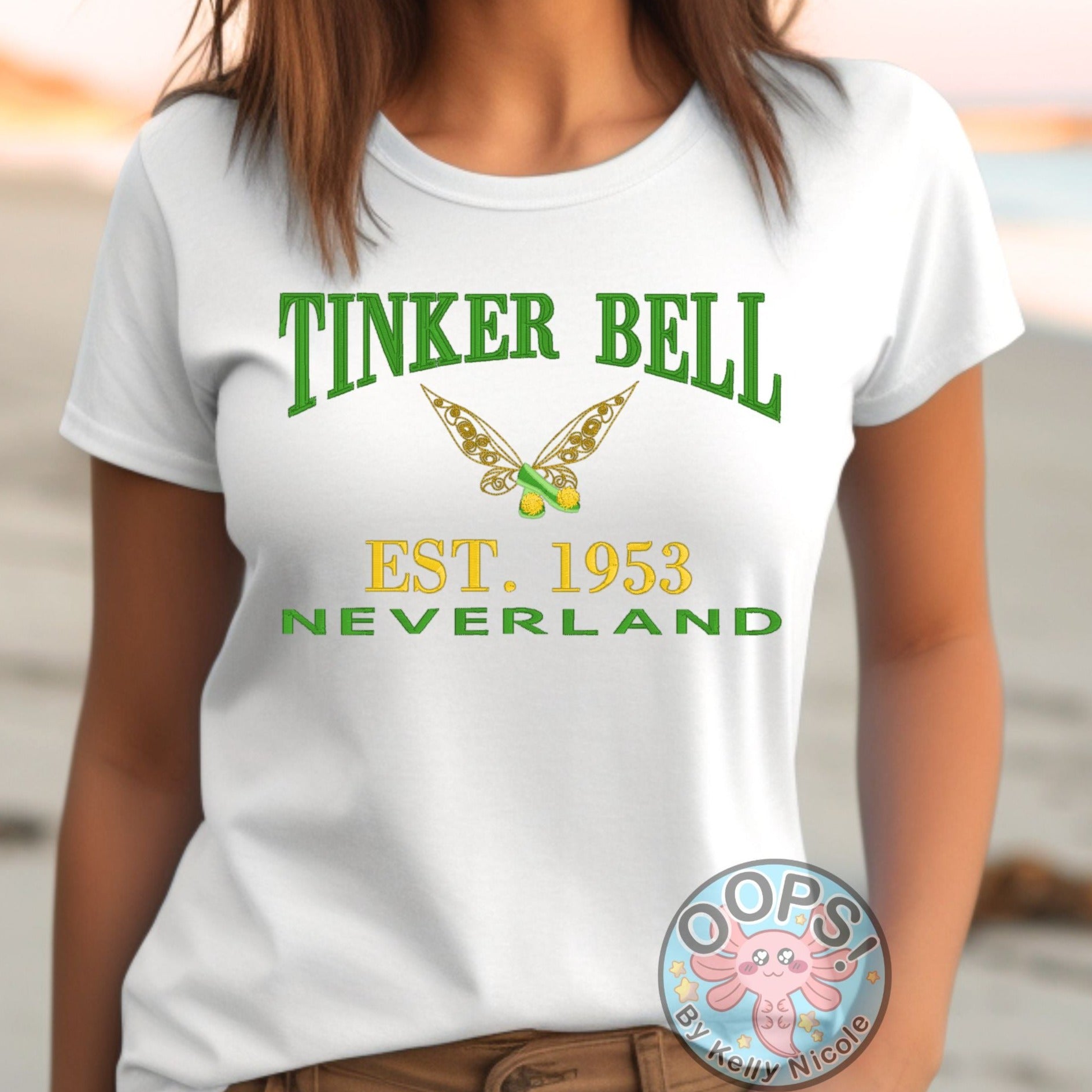  Tinkerbell Disney inspired Peter Pan Shirt  Embroidered Comfort Colors T-shirt  in White.  Shop online today to get yours at HTTPS://OOPSBYKELLYNICOLE.COM 