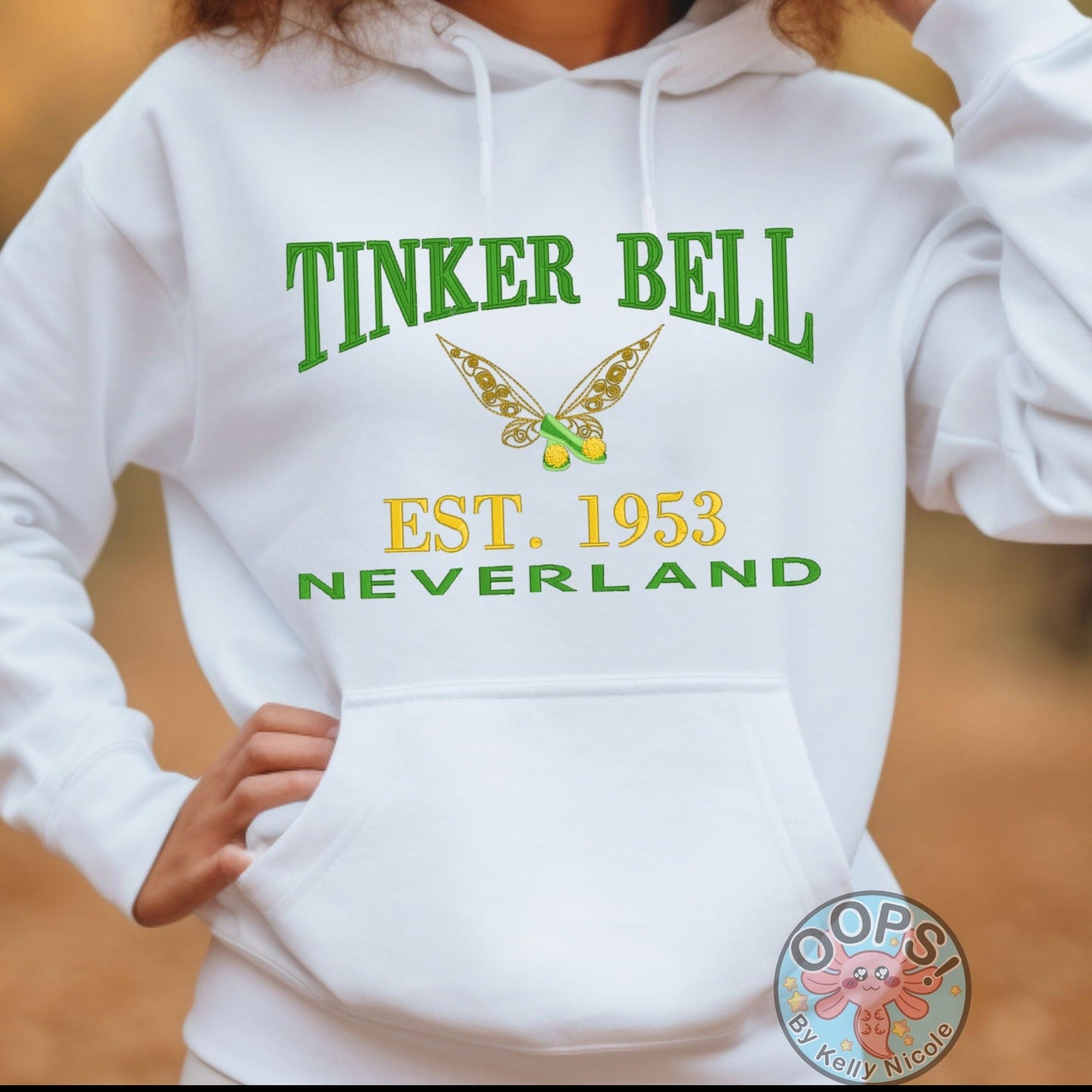  Tinkerbell Disney inspired Peter Pan Shirt  Embroidered Heavyweight Unisex Hoodie in White.  Shop online today to get yours at HTTPS://OOPSBYKELLYNICOLE.COM 