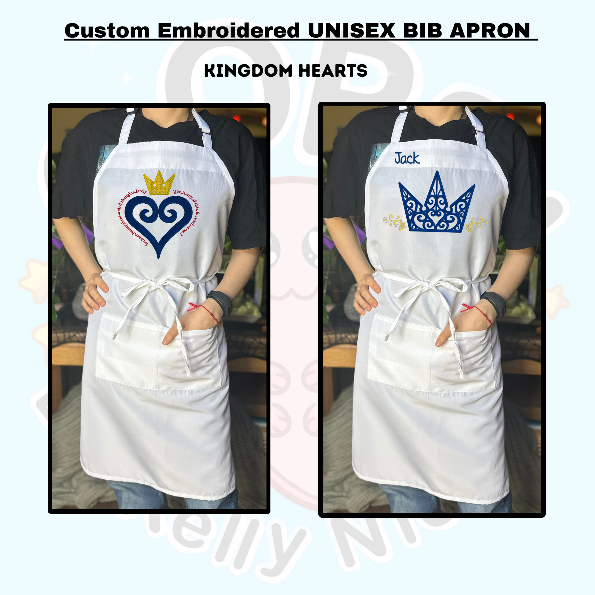 The perfect personalized Kingdom Heartslover gift for that person who has everything!&nbsp; Our Unisex Bib-Apron is 100% polyester, stain resistant machine washable fabric.&nbsp; It is fully adjustable with two convenient front pockets for all your essentials.  Order yours today at HTTPS://OOPSBYKELLYNICOLE.COM