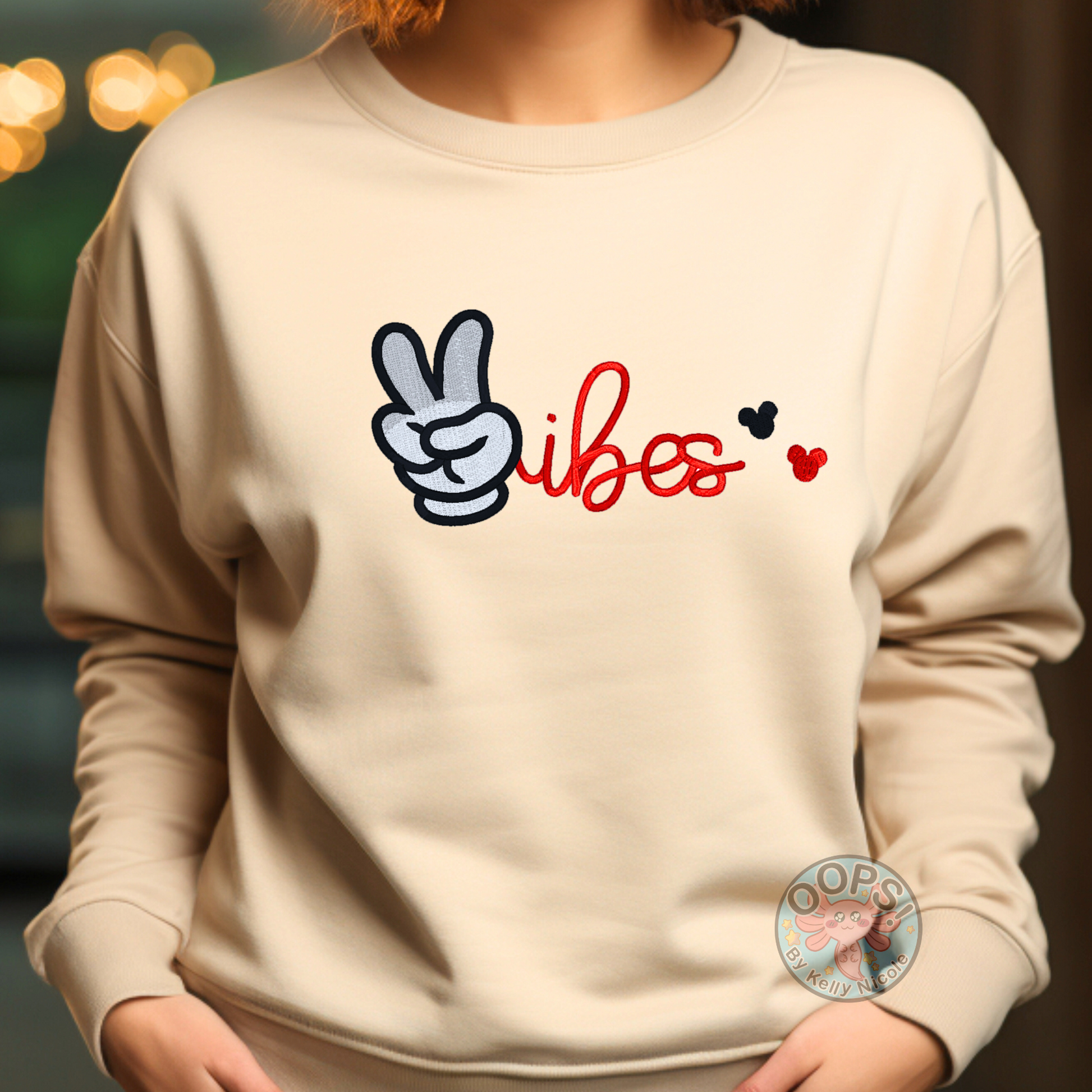 DISNEY “Mickey Mouse Peace Vibes” Embroidered Heavyweight Unisex Sweatshirt in SAND  Shop online today to get yours at HTTPS://OOPSBYKELLYNICOLE.COM 