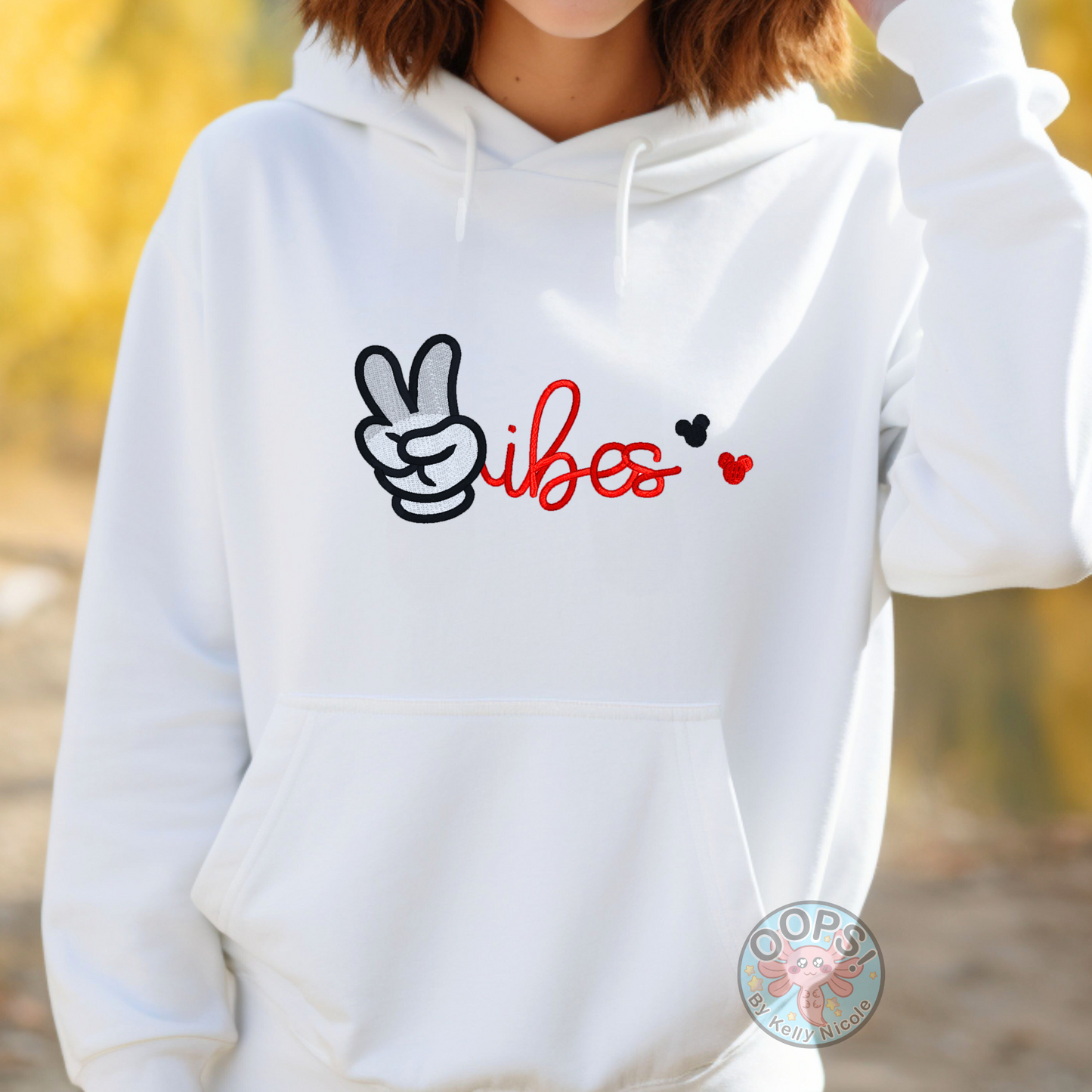 DISNEY “Mickey Mouse Peace Vibes” Embroidered Heavyweight Unisex Hoodie in WHITE.  Shop online today to get yours at HTTPS://OOPSBYKELLYNICOLE.COM 