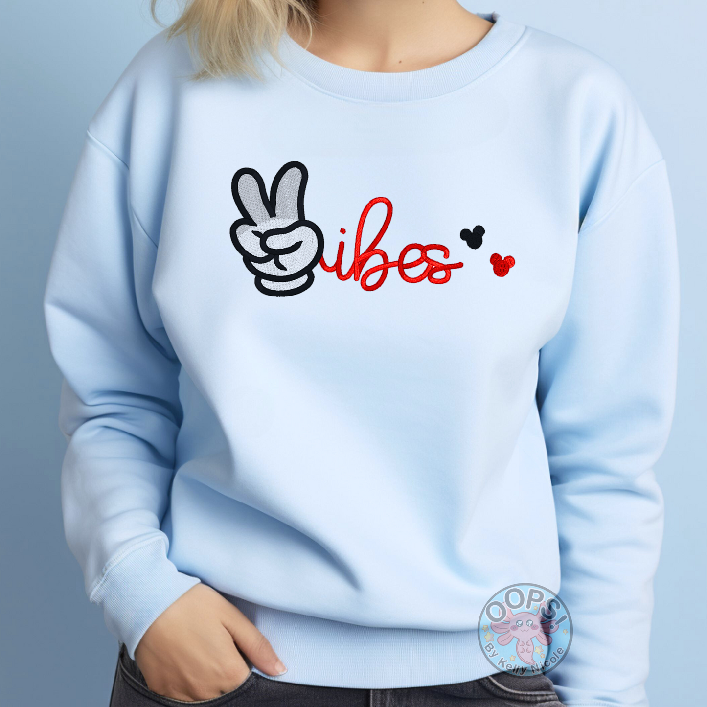 DISNEY “Mickey Mouse Peace Vibes” Embroidered Heavyweight Unisex Sweatshirt in BLUE  Shop online today to get yours at HTTPS://OOPSBYKELLYNICOLE.COM 