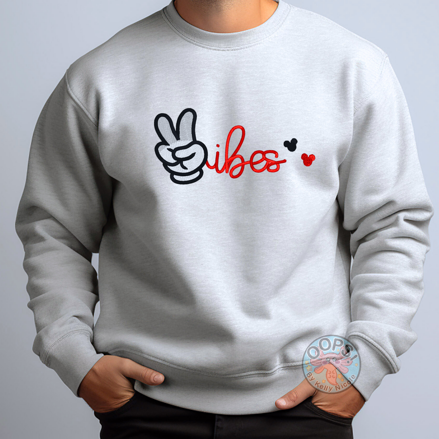 DISNEY “Mickey Mouse Peace Vibes” Embroidered Heavyweight Unisex Sweatshirt in ASH  Shop online today to get yours at HTTPS://OOPSBYKELLYNICOLE.COM 