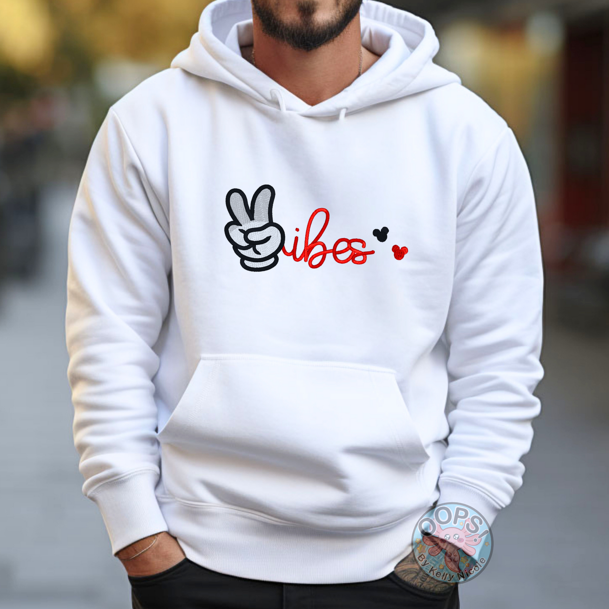 DISNEY “Mickey Mouse Peace Vibes” Embroidered Heavyweight Unisex Hoodie in WHITE.  Shop online today to get yours at HTTPS://OOPSBYKELLYNICOLE.COM 