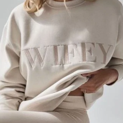 Embroidered "WIFEY" shirt, Wedding Shirt, Engagement shirt, Honeymoon shirt, Wedding shower Gift. Heavyweight Unisex Sweatshirt in Sand.  Shop online today to get yours at HTTPS://OOPSBYKELLYNICOLE.COM 