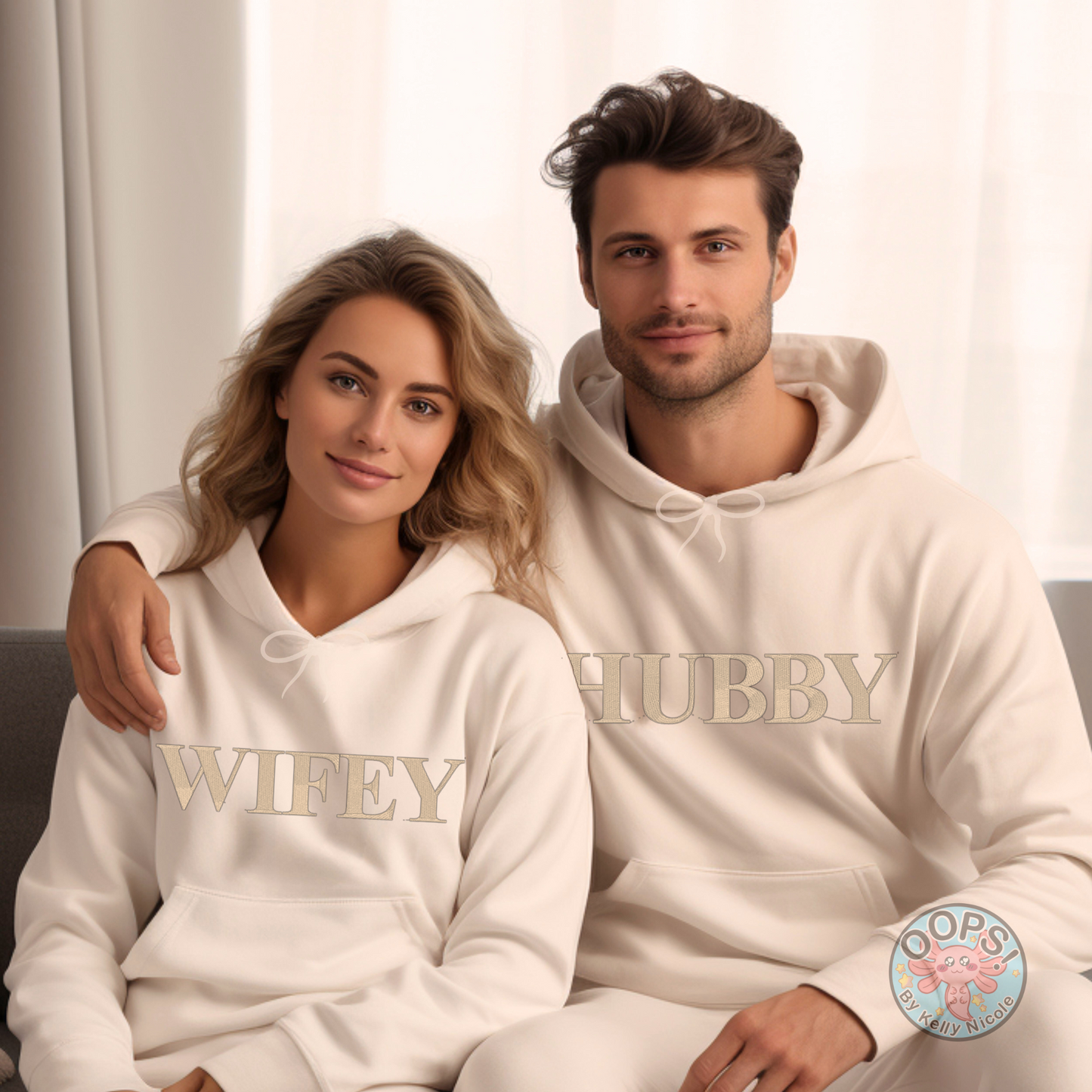 Embroidered Wifey Hubby Couple Shirts Wedding Shirt, Engagement shirt, Honeymoon shirt, Wedding shower Gift. Heavyweight Unisex Sweatshirt in Sand.  Shop online today to get yours at HTTPS://OOPSBYKELLYNICOLE.COM  in Sand