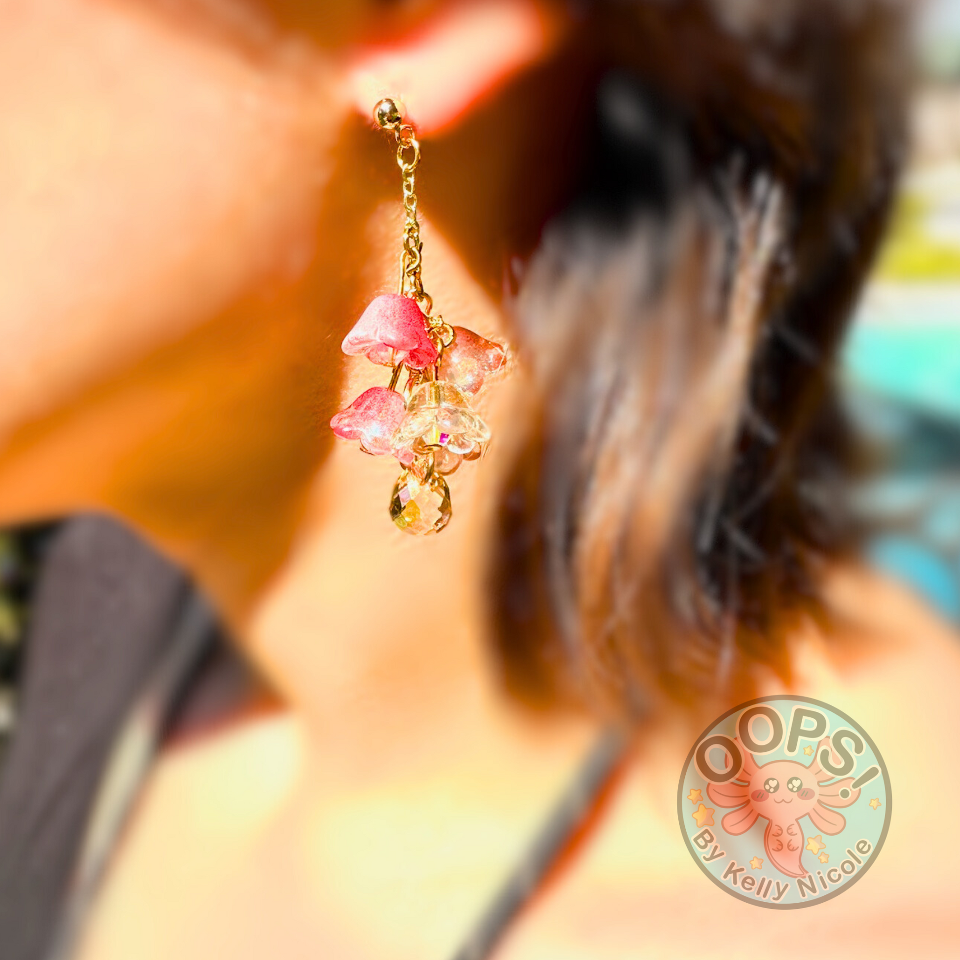 Wisteria Red Blush Floral Drop Earrings with Crystal dangle. Gold or Silver- Plated.  Lightweight, Hypoallergenic Statement posts on person. Its  seamlessly transitions from casual outings, Weddings and elegant events. 003 Shop online today to get yours at HTTPS://OOPSBYKELLYNICOLE.COM