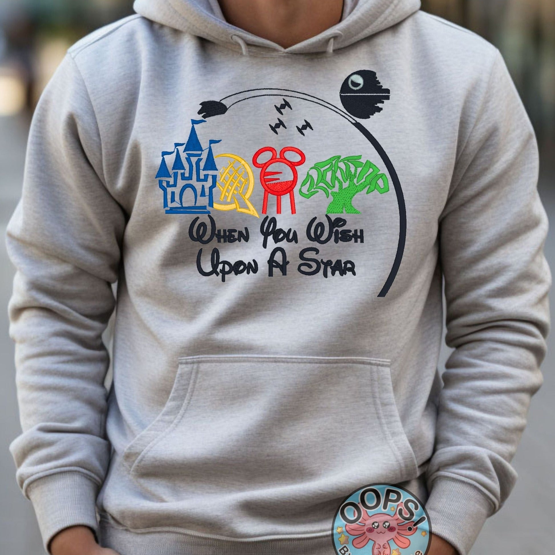 DISNEY Wish Upon A Star Theme Park Embroidered Heavyweight Unisex Hoodie in ASH.  Shop online today to get yours at HTTPS://OOPSBYKELLYNICOLE.COM 