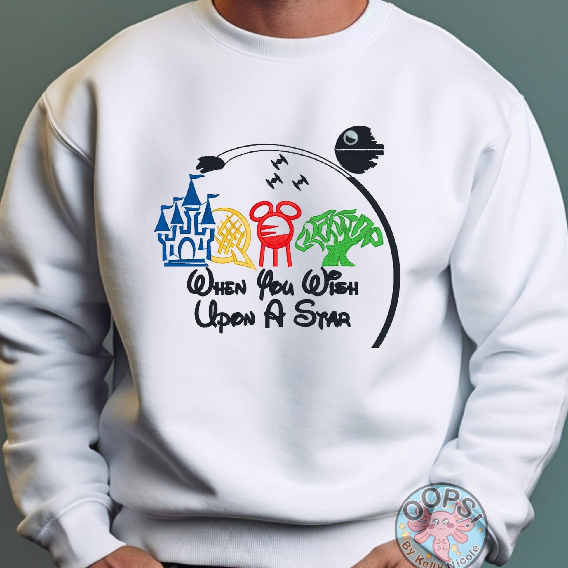 DISNEY Wish Upon A Star Theme Park Embroidered Heavyweight Unisex Sweatshirt in WHITE.  Shop online today to get yours at HTTPS://OOPSBYKELLYNICOLE.COM 