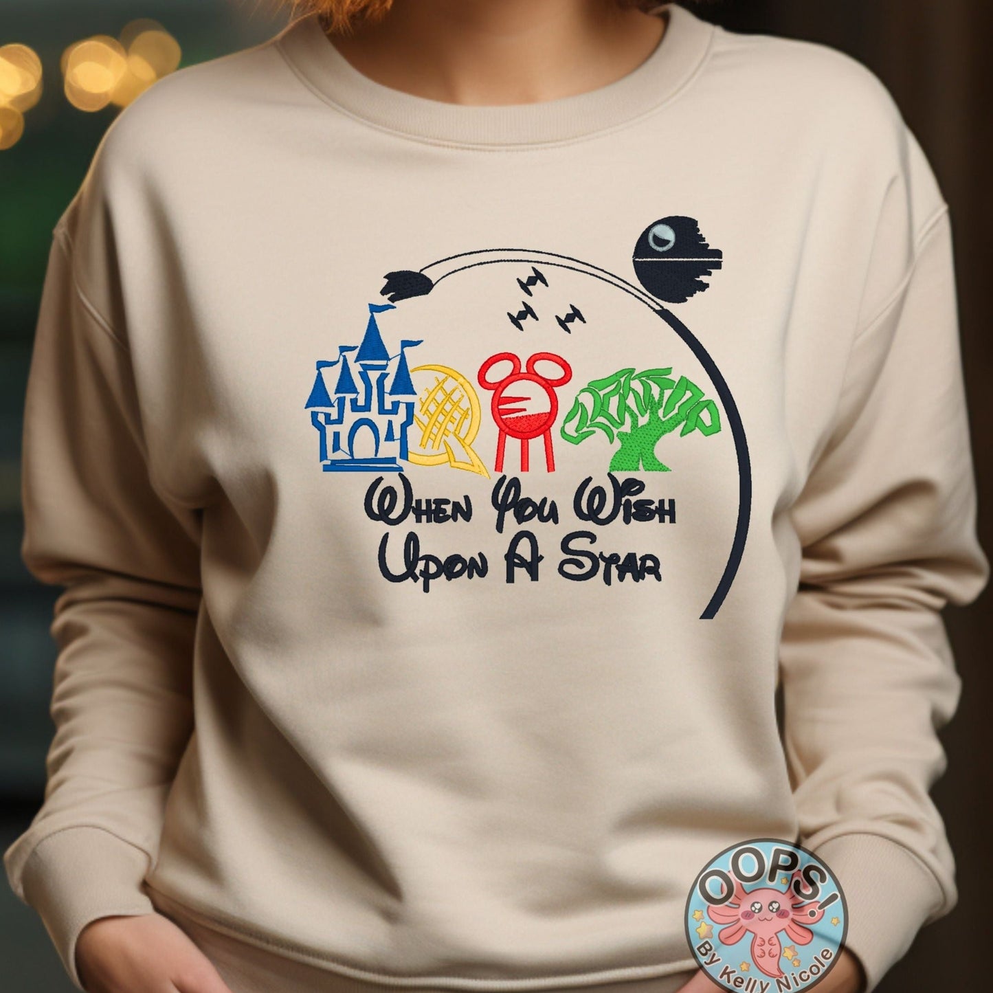 DISNEY Wish Upon A Star Theme Park Embroidered Heavyweight Unisex Sweatshirt in SAND.  Shop online today to get yours at HTTPS://OOPSBYKELLYNICOLE.COM 