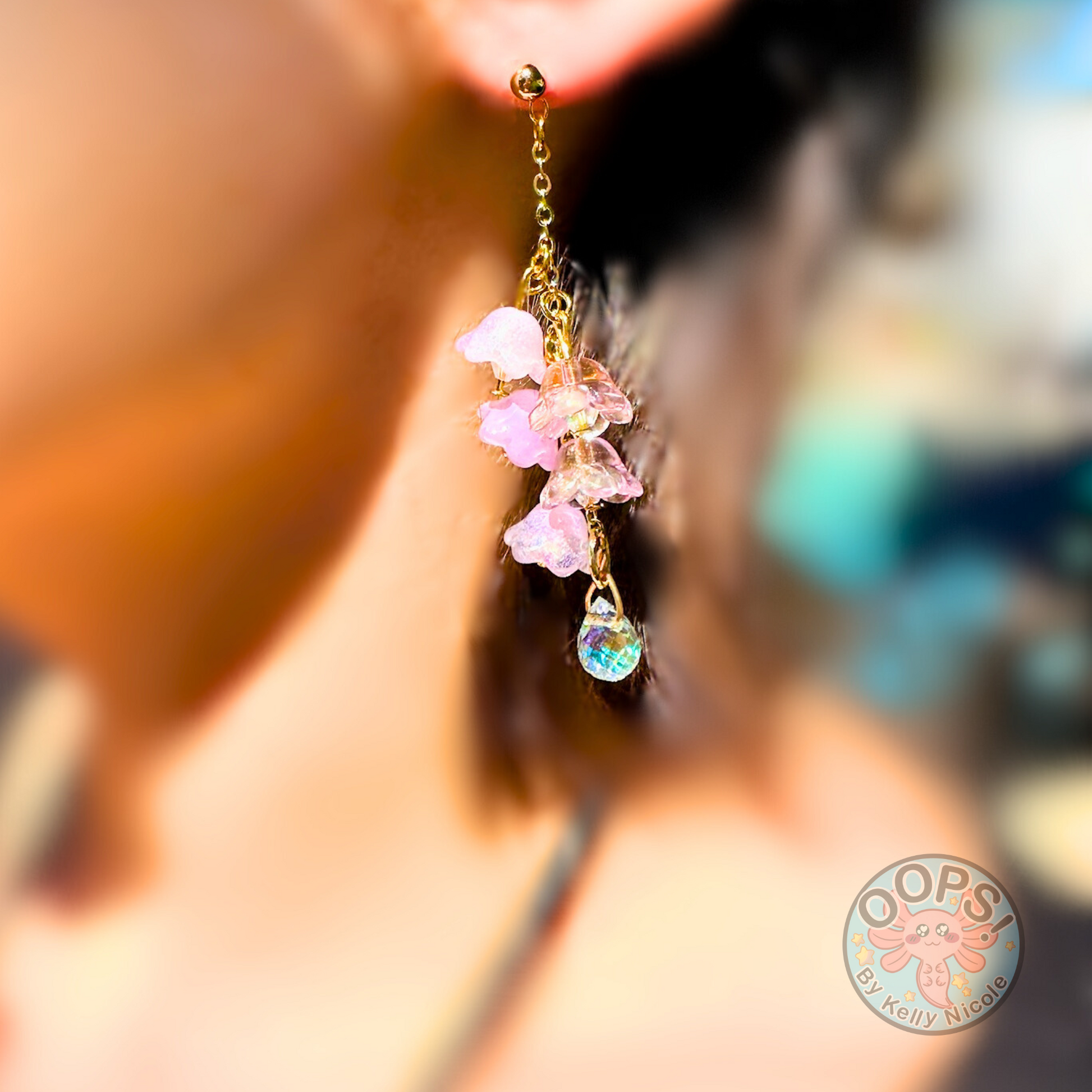 Wisteria Blush  Pink Floral Drop Earrings with Crystal dangle. Gold or Silver- Plated.  Lightweight, Hypoallergenic Statement posts on person. Its  seamlessly transitions from casual outings, Weddings and elegant events. 003 Shop online today to get yours at HTTPS://OOPSBYKELLYNICOLE.COM