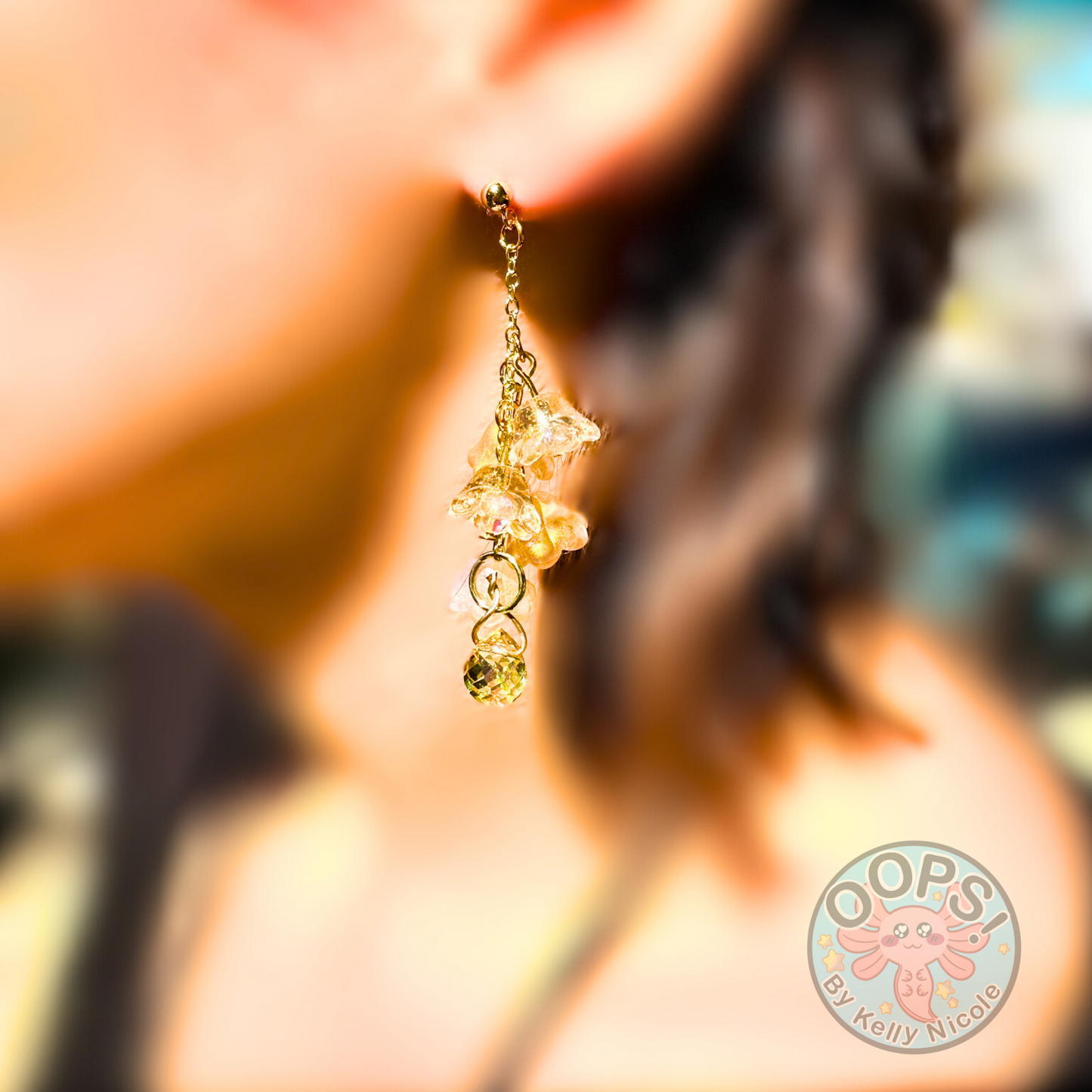 Wisteria Gold Blush Floral Drop Earrings with Crystal dangle. Gold or Silver- Plated.  Lightweight, Hypoallergenic Statement posts on person. Its  seamlessly transitions from casual outings, Weddings and elegant events. 003 Shop online today to get yours at HTTPS://OOPSBYKELLYNICOLE.COM 