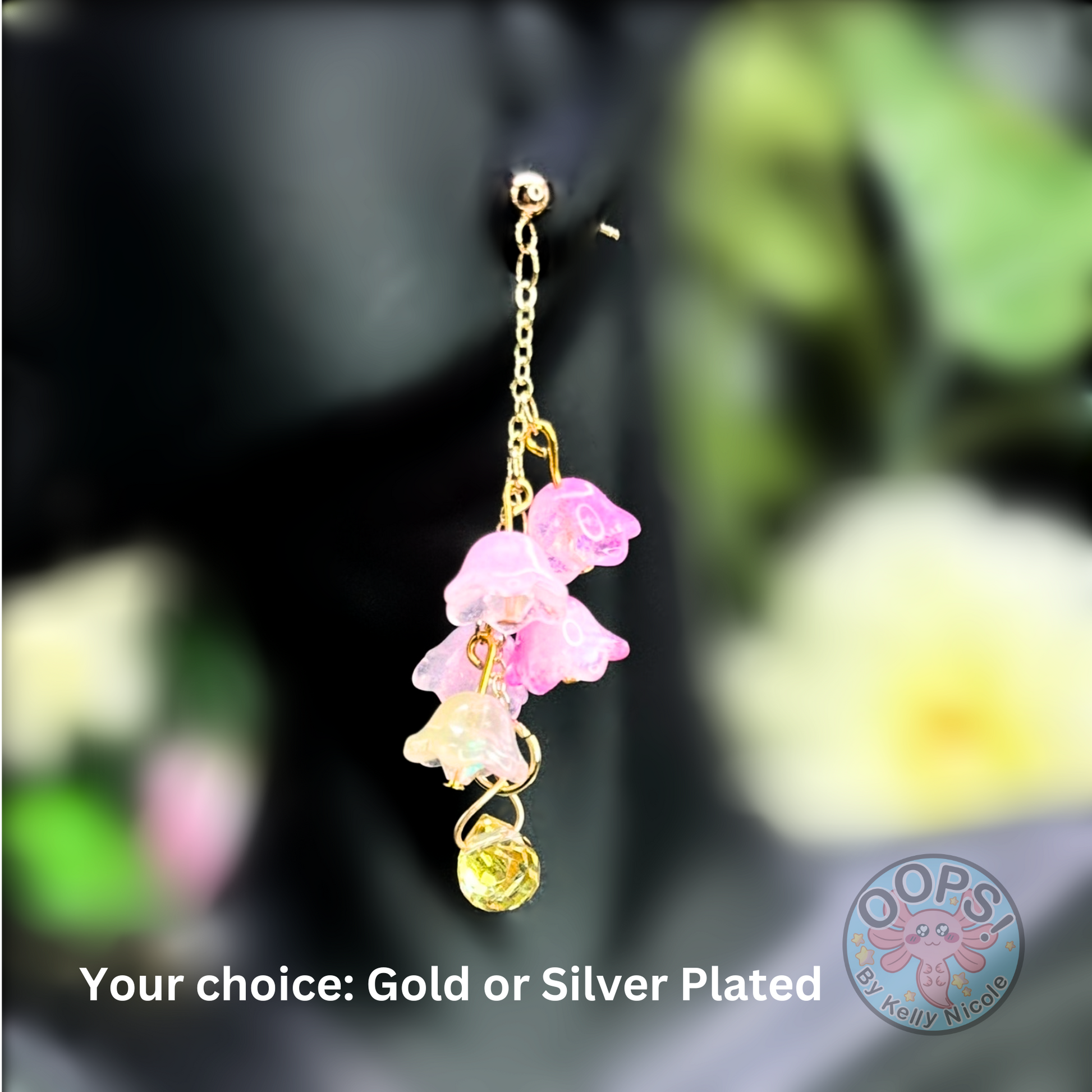 Wisteria Pink Blush  Floral Drop Earrings with Crystal dangle. Gold or Silver- Plated.  Lightweight, Hypoallergenic Statement posts. Its  seamlessly transitions from casual outings, Weddings and elegant events.  Shop online today to get yours at HTTPS://OOPSBYKELLYNICOLE.COM