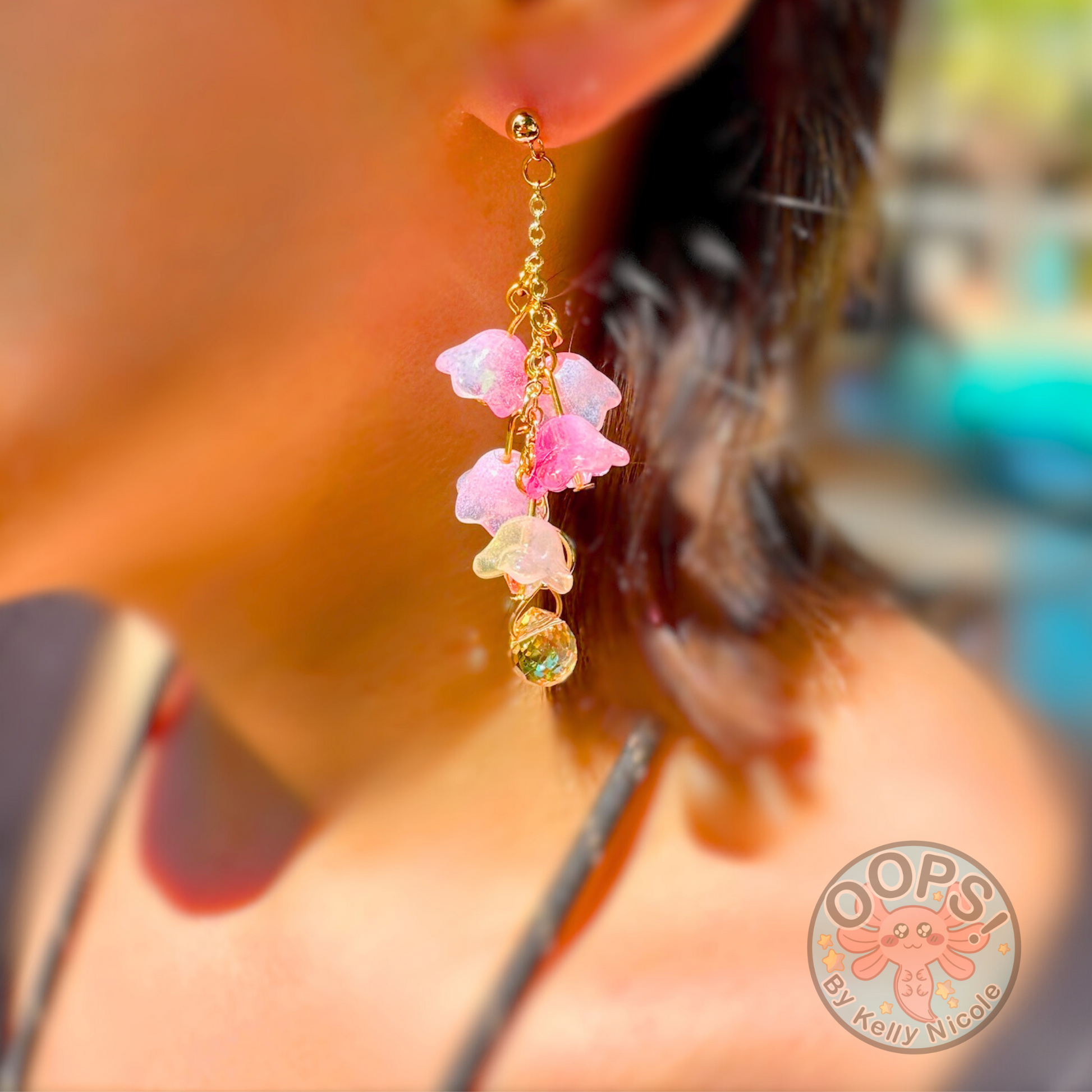 Wisteria Pink Blush Floral Drop Earrings with Crystal dangle. Gold or Silver- Plated.  Lightweight, Hypoallergenic Statement posts on person. Its  seamlessly transitions from casual outings, Weddings and elegant events. 003 Shop online today to get yours at HTTPS://OOPSBYKELLYNICOLE.COM 