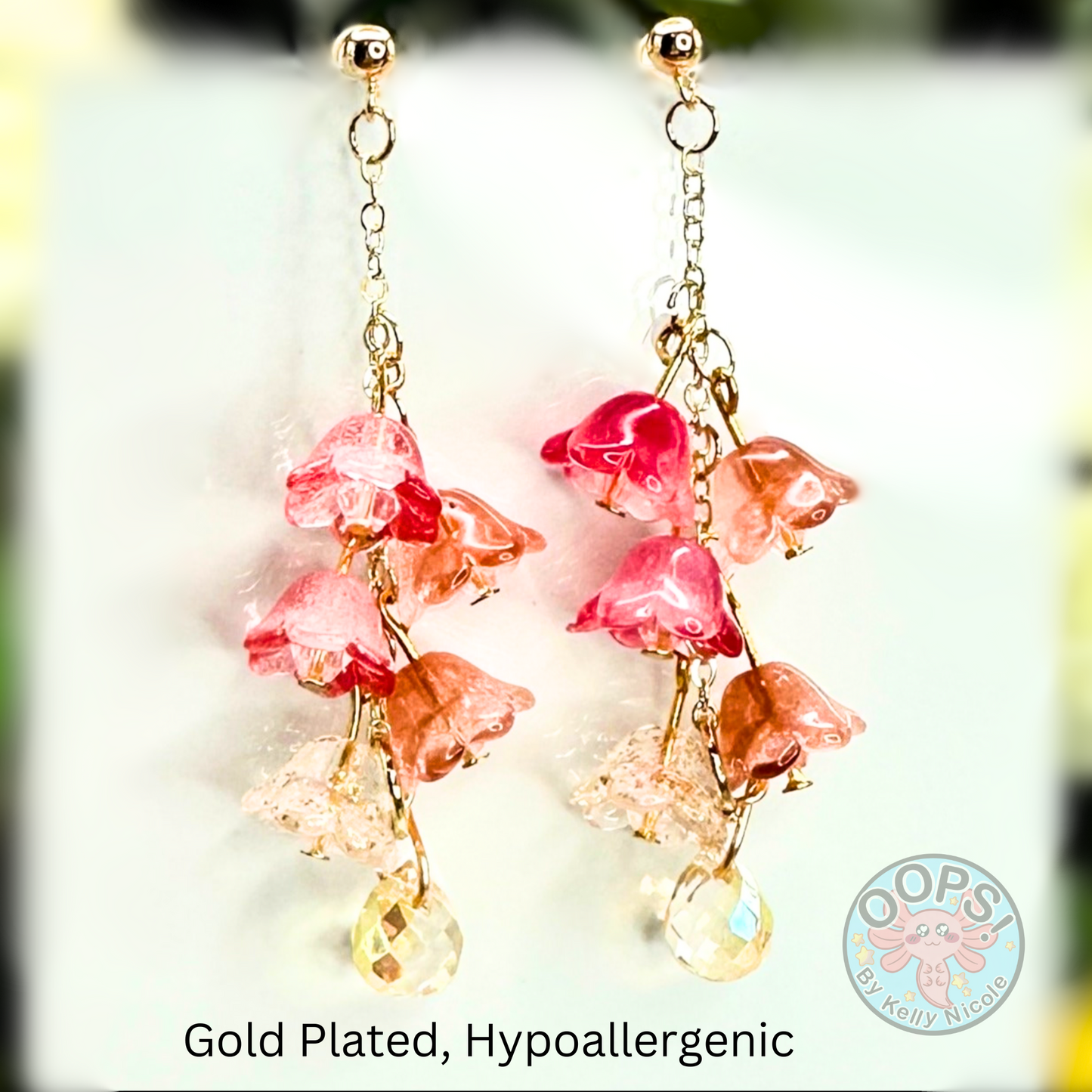 Wisteria Red Blush  Floral Drop Earrings with Crystal dangle. Gold-Plated.  Lightweight, Hypoallergenic Statement posts. Its  seamlessly transitions from casual outings, Weddings and elegant events. 003 Shop online today to get yours at HTTPS://OOPSBYKELLYNICOLE.COM