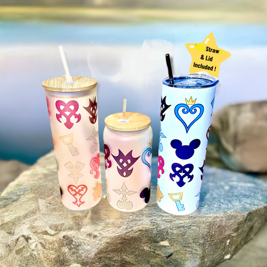 KINGDOM HEARTS Video Game inspired Custom Tumbler. 20 oz, 16 oz Frosted glass or stainless Steel Insulated Coffee Tumbler for daily use or Gift.  Order yours today at https://oopsbykellynicole.com