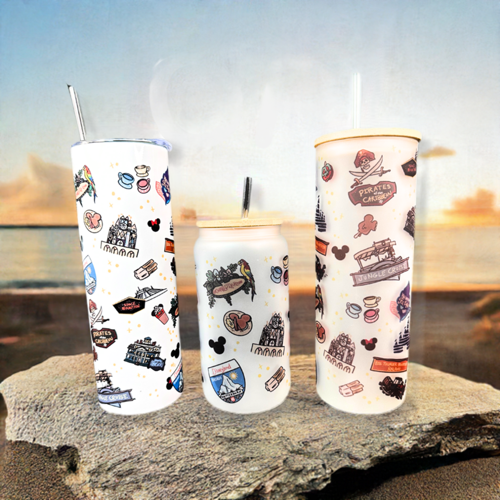 Disney Theme Park FROSTED GLASS or INSULATED STAINLESS STEEL Sublimation TUMBLERS in 16 oz or 20 oz.  Lid and Straw Included. Shop online today to get yours at HTTPS://OOPSBYKELLYNICOLE.COM 001