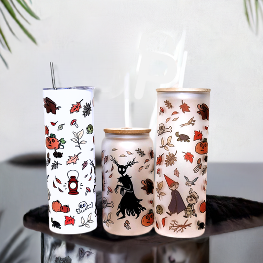 Over the Garden Wall Custom Tumbler.  20 oz, 16 oz Frosted glass or stainless Steel Insulated Coffee Tumbler for daily use or Gift.