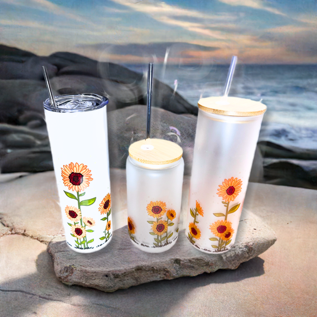 Summer Sunflowers Custom Tumbler.  20 oz, 16 oz Frosted glass or stainless Steel Insulated Coffee Tumbler for daily use or Gift.