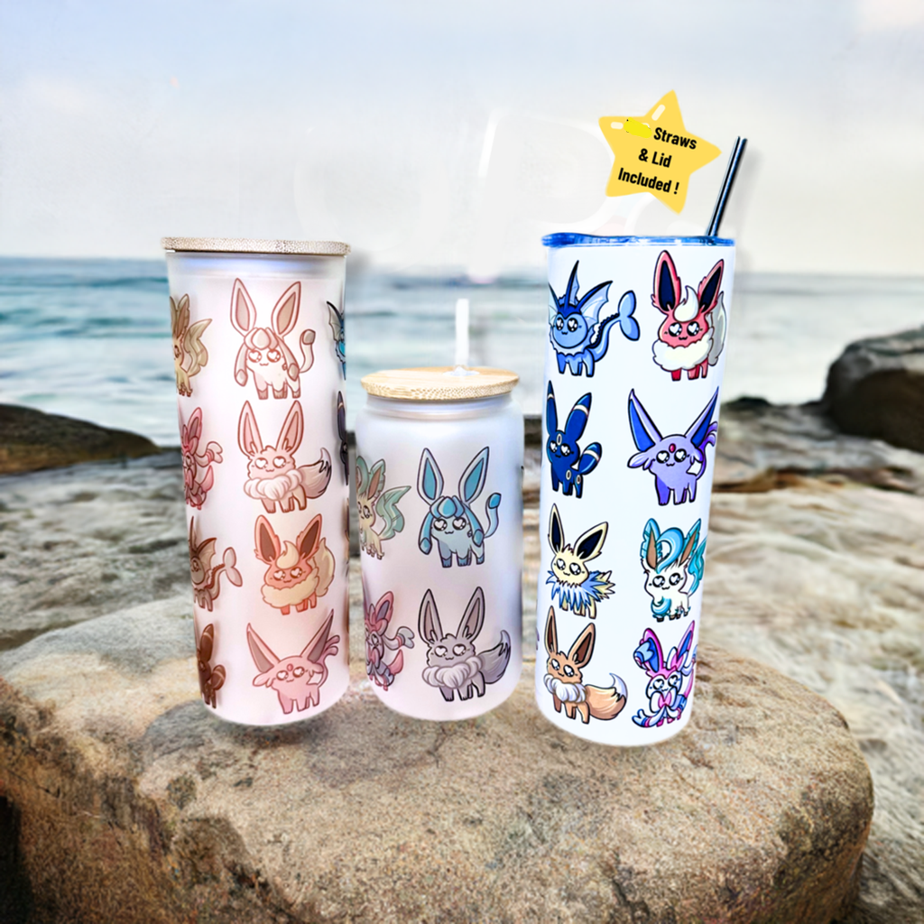 Gobelet personnalisé Pokémon Evee-lution. Gobelet à café isolé en verre givré ou en acier inoxydable de 20 oz, 16 oz pour un usage quotidien ou un cadeau.