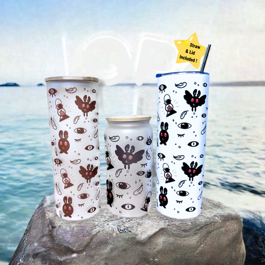 Mothman inspired FROSTED GLASS or INSULATED STAINLESS STEEL Sublimation TUMBLERS in 16 oz or 20 oz. White background with Black Moth design. Lid and Straw Included. Shop online today to get yours at HTTPS://OOPSBYKELLYNICOLE.COM 001